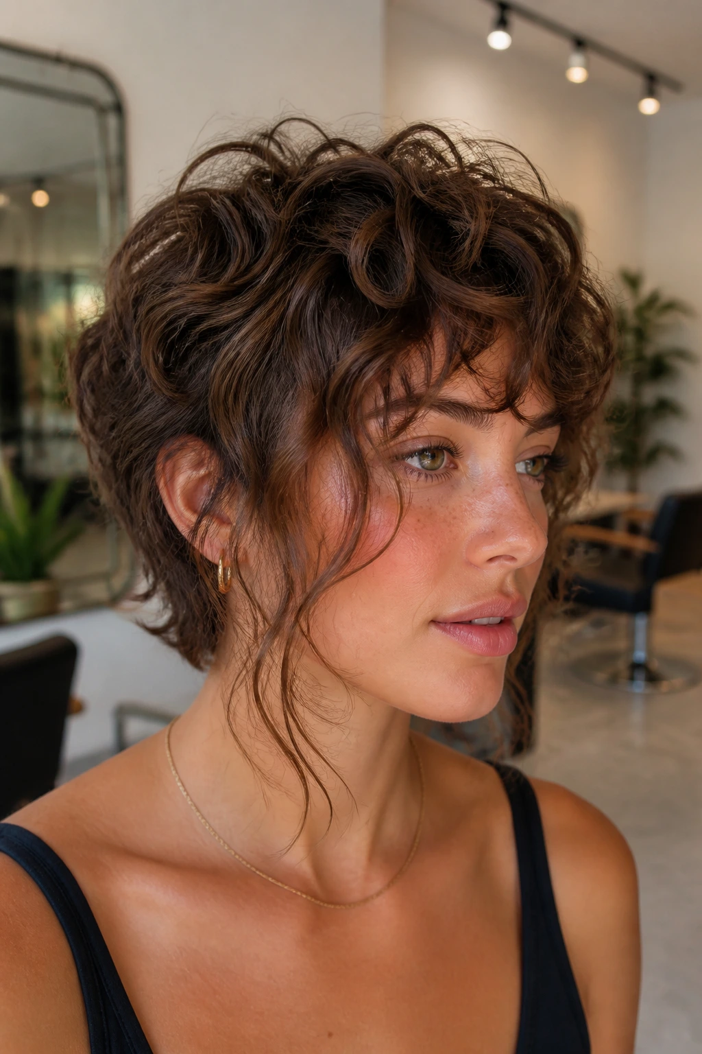 Close-up of a real person with a layered crop and face-framing pieces