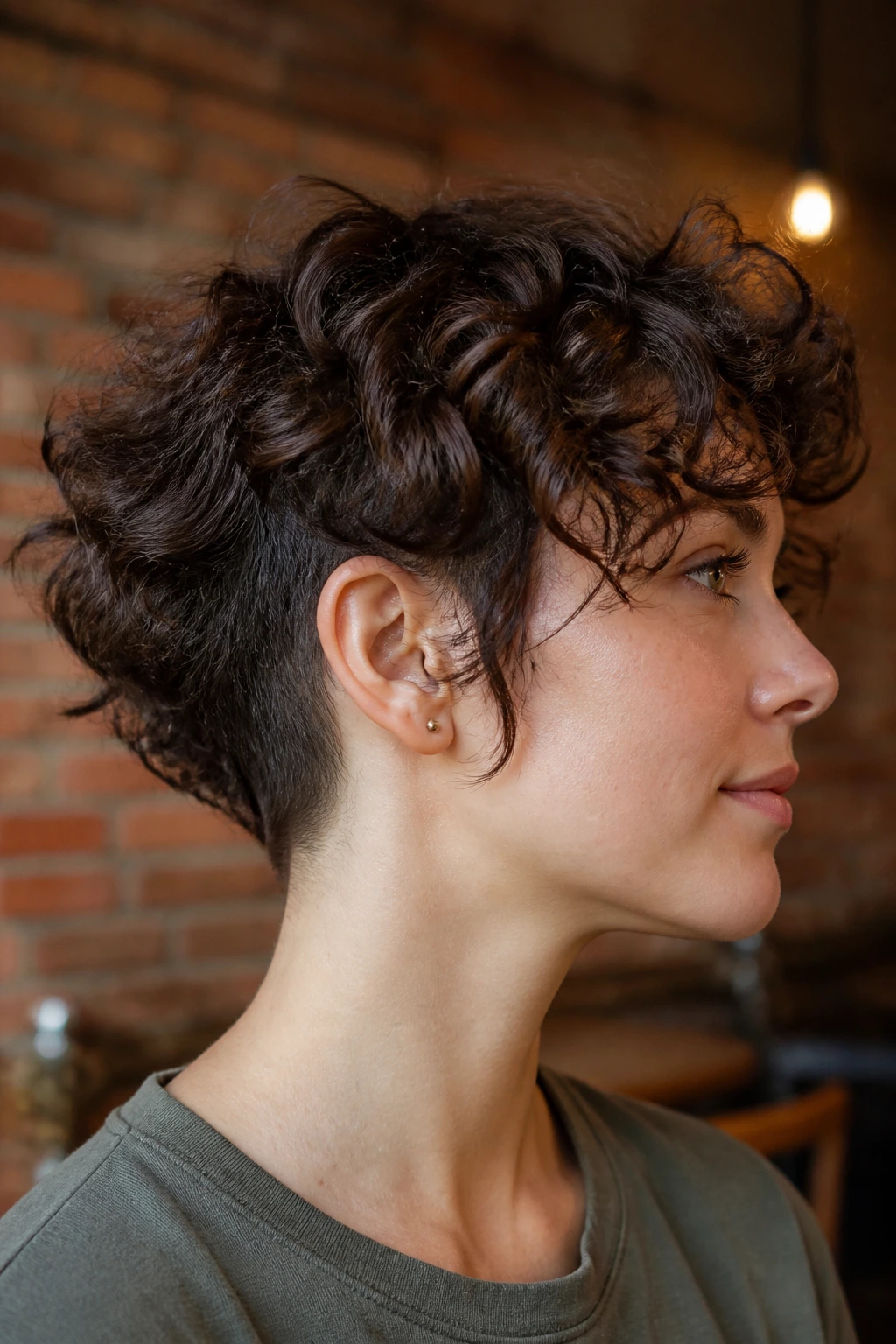 Close-up of a real person showing layered cut with subtle undercut below ear height