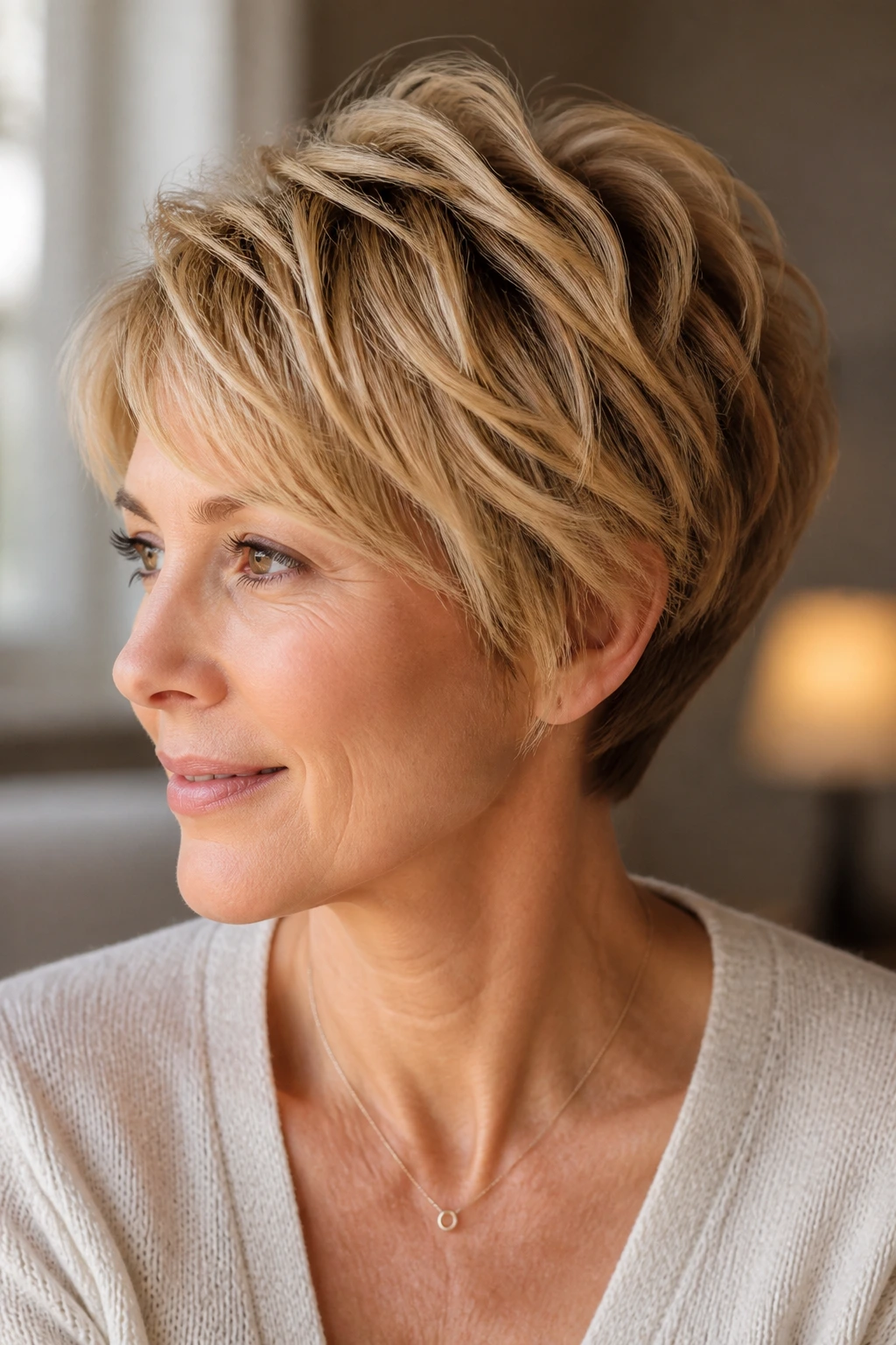 Real woman with layered pixie bob in honey blonde.