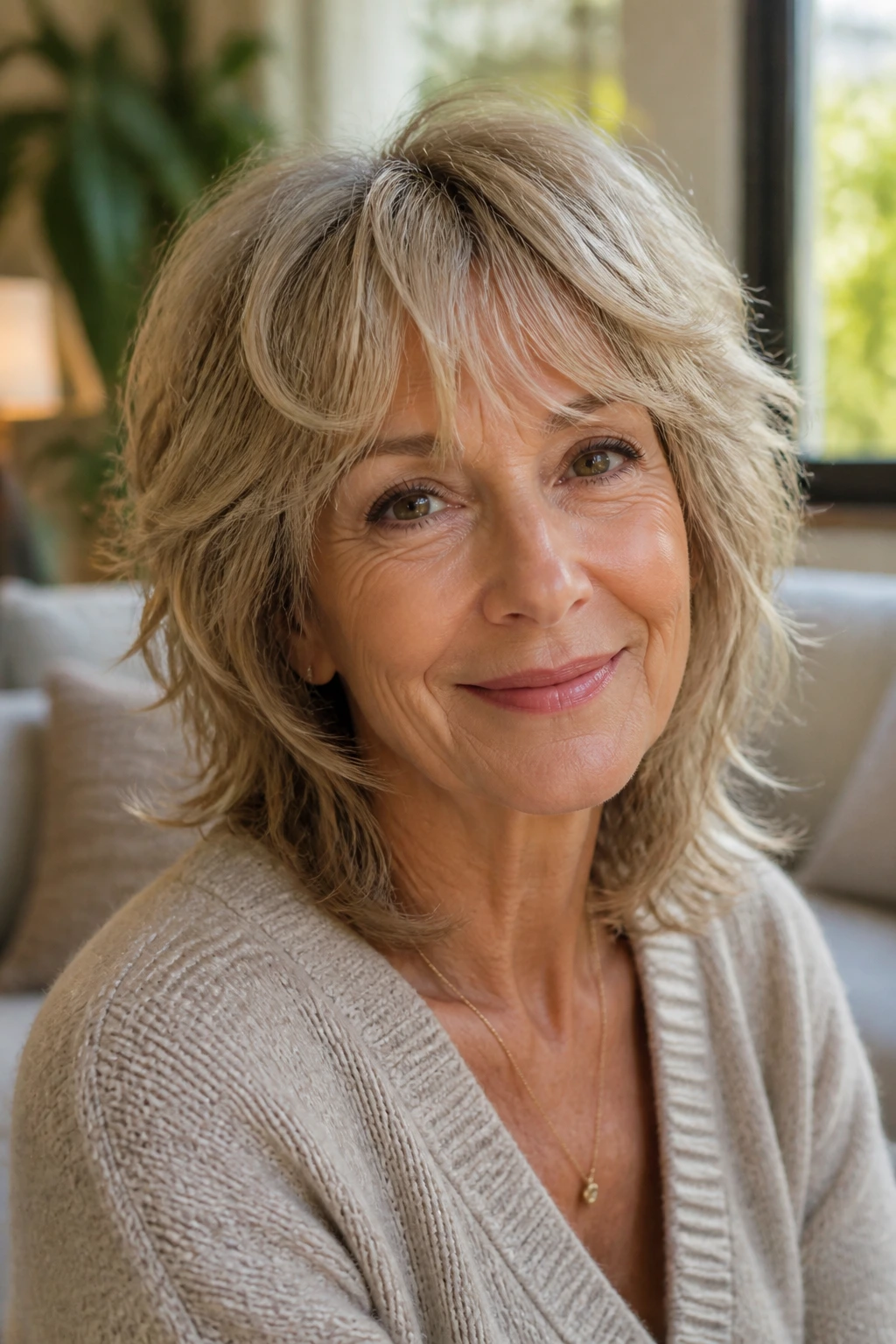 Portrait of a 60-year-old woman with a medium shag haircut in a cozy living room