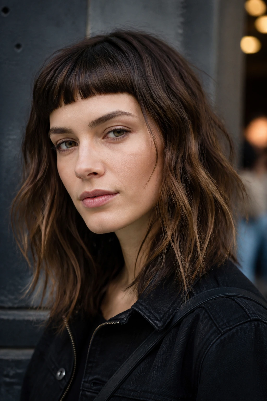Portrait of a woman with micro bangs and textured piece-y waves