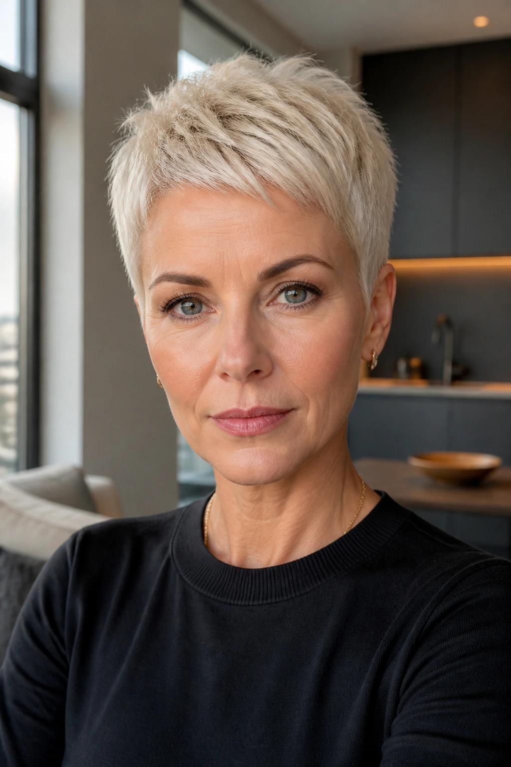 Close-up of a real woman's micro pixie cut in platinum cream under natural light