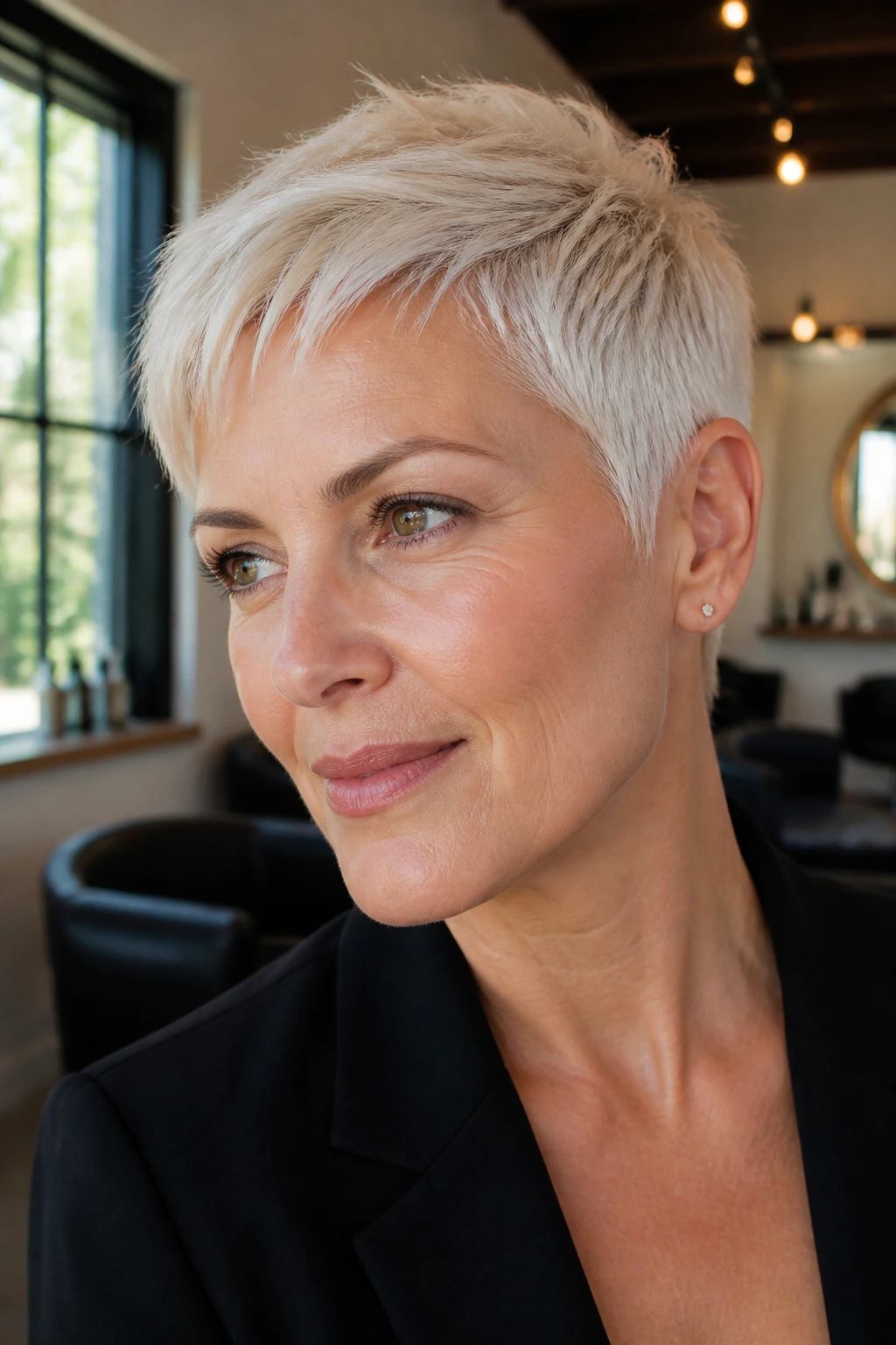 Close-up of a real woman's minimalist micro pixie with precision cutting in platinum cream