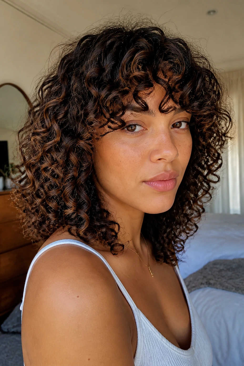 Close-up portrait showing a wavy-to-curly transition cut with waves on top and curls underneath