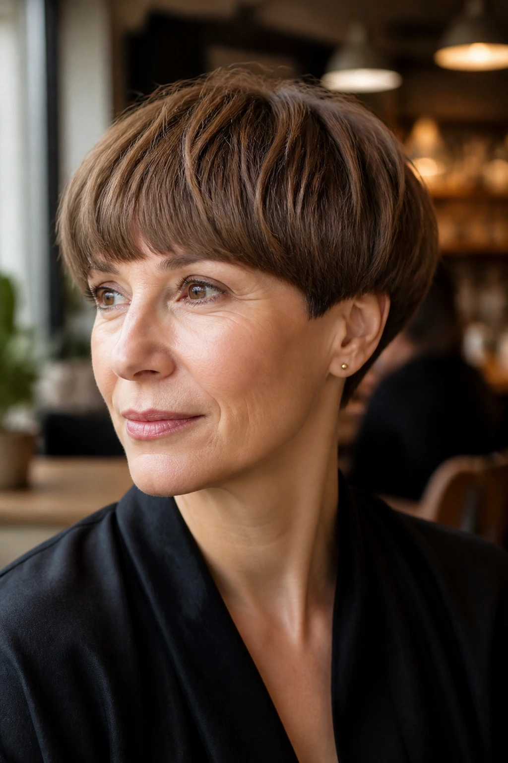 Close-up of a woman with a modern bowl cut in hazelnut brown.