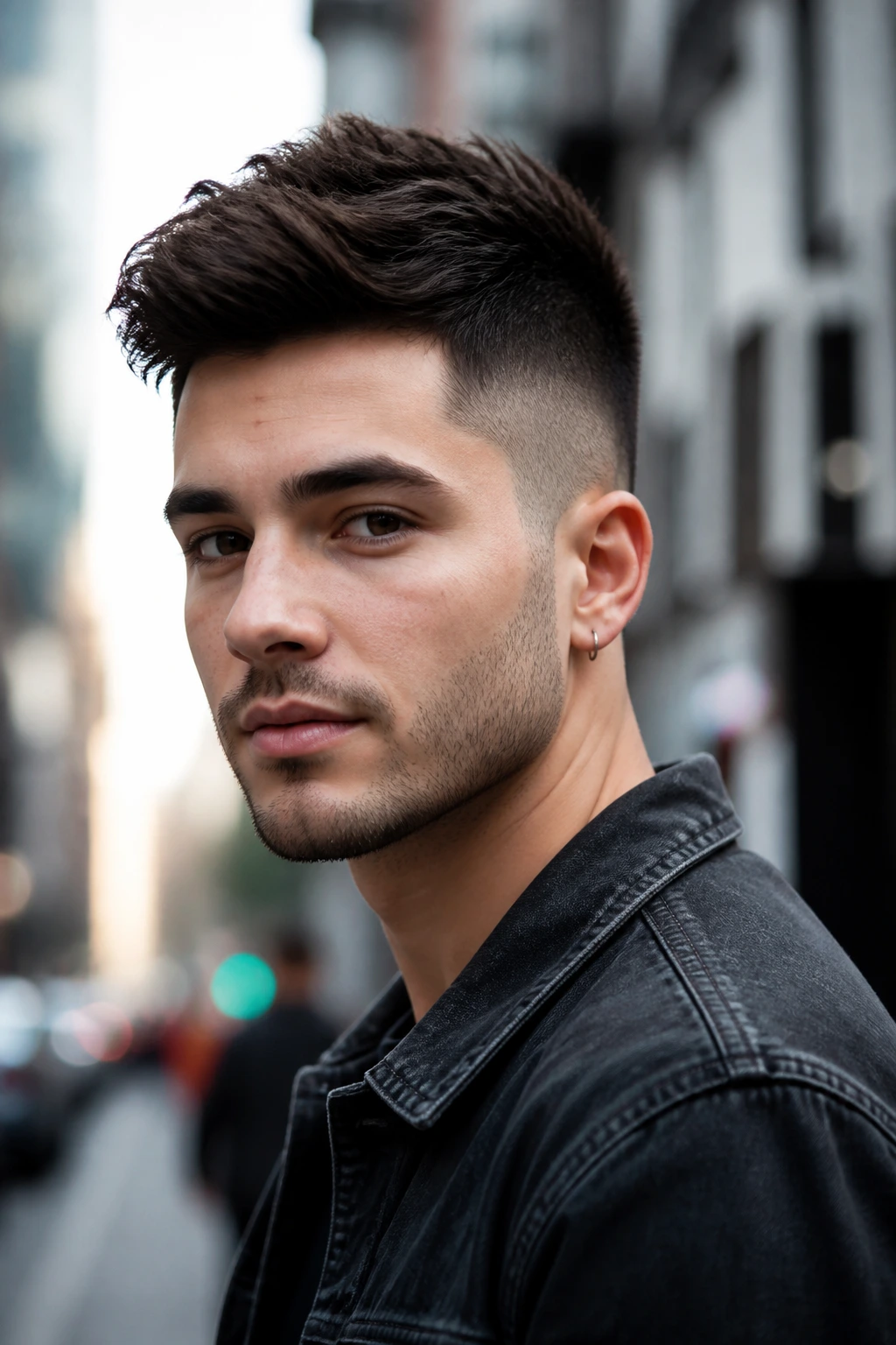 Medium close-up of a person with a modern fauxhawk outdoors with city blur