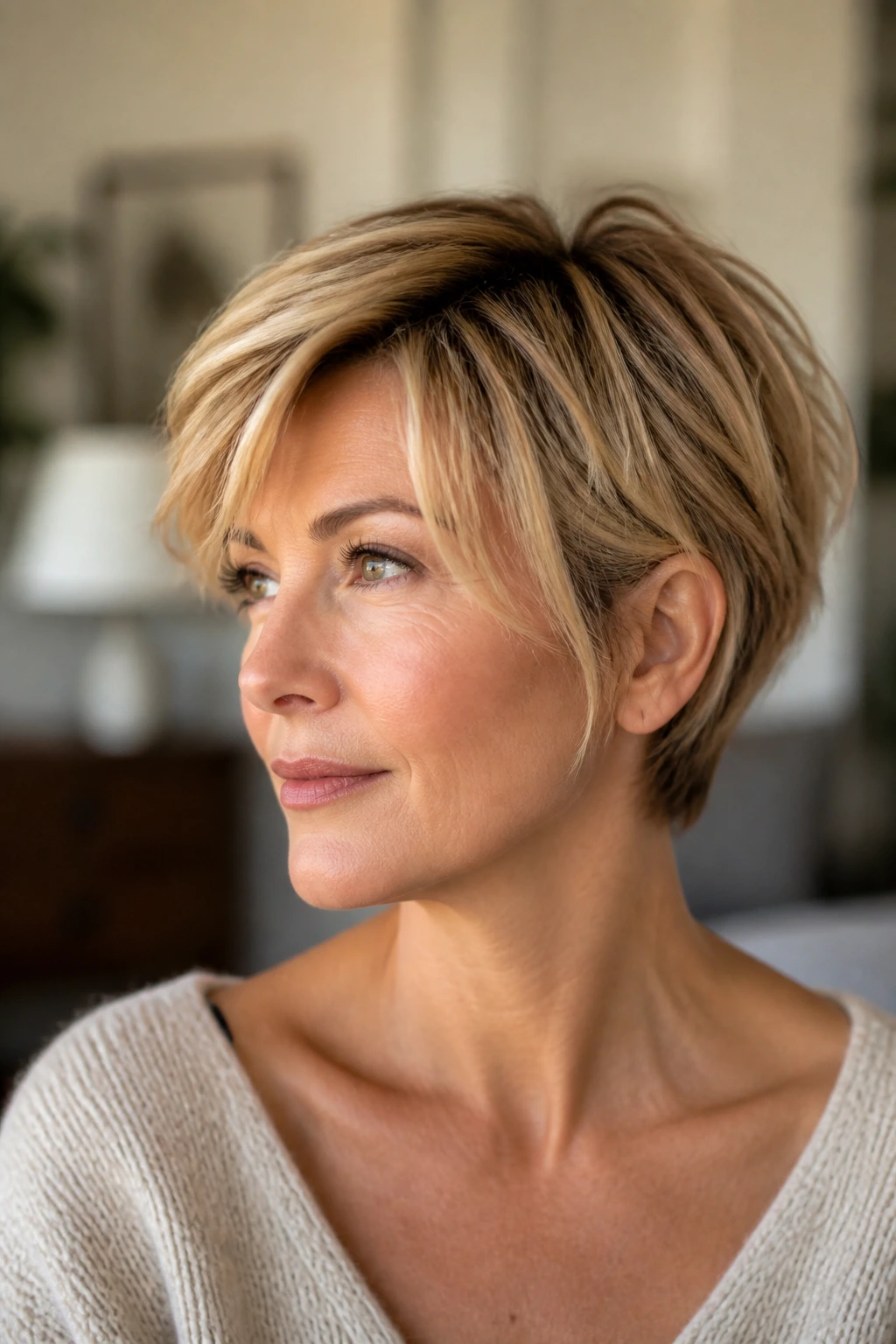 Real woman with bixie hairstyle (pixie bob) in honey blonde.