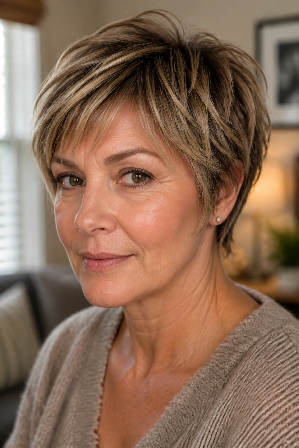 Close-up portrait of a real woman with a pixie-bob hairstyle featuring choppy layers and soft toffee highlights.