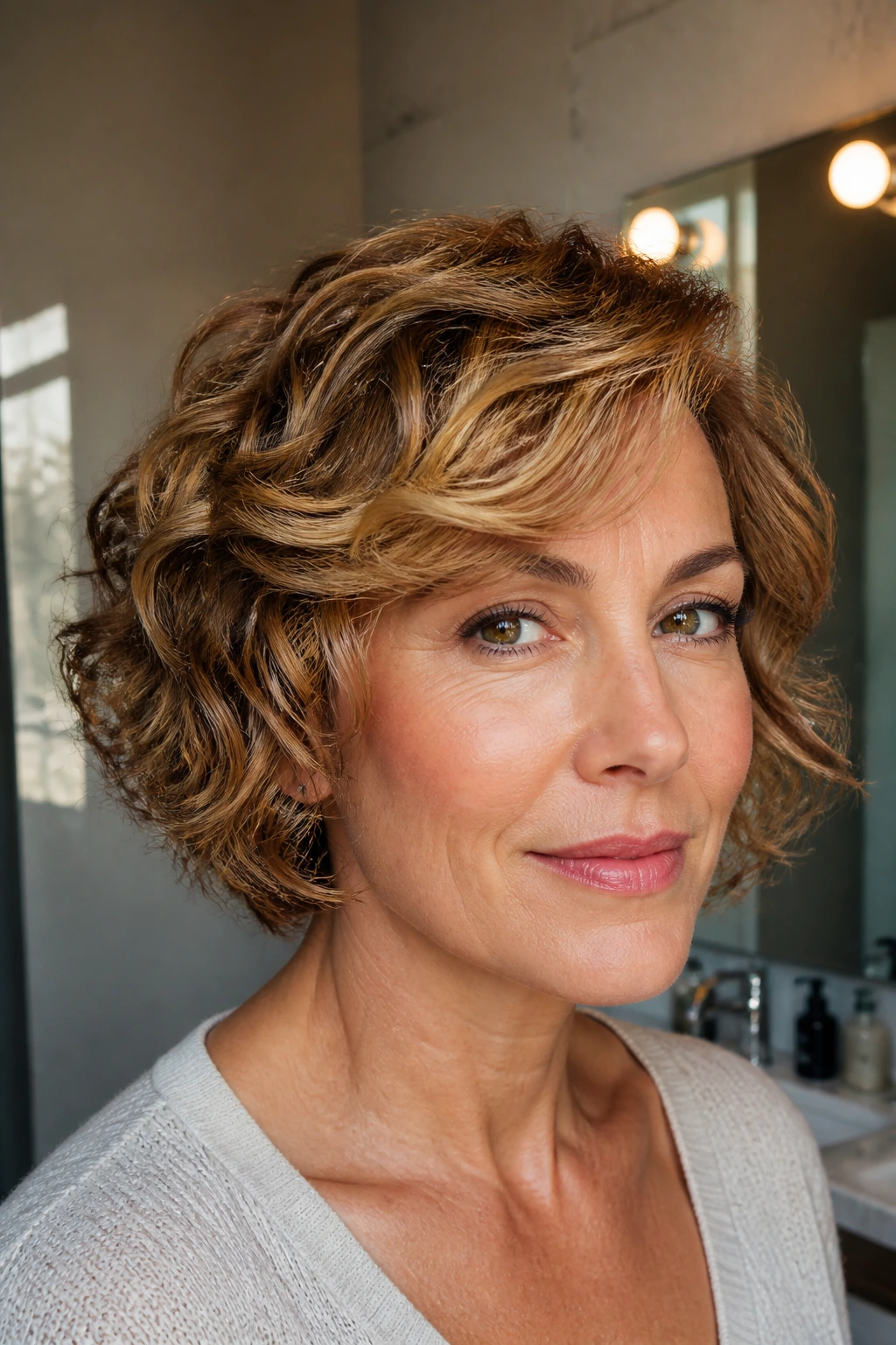 Real woman with pixie-bob hybrid, wavy curls and caramel color
