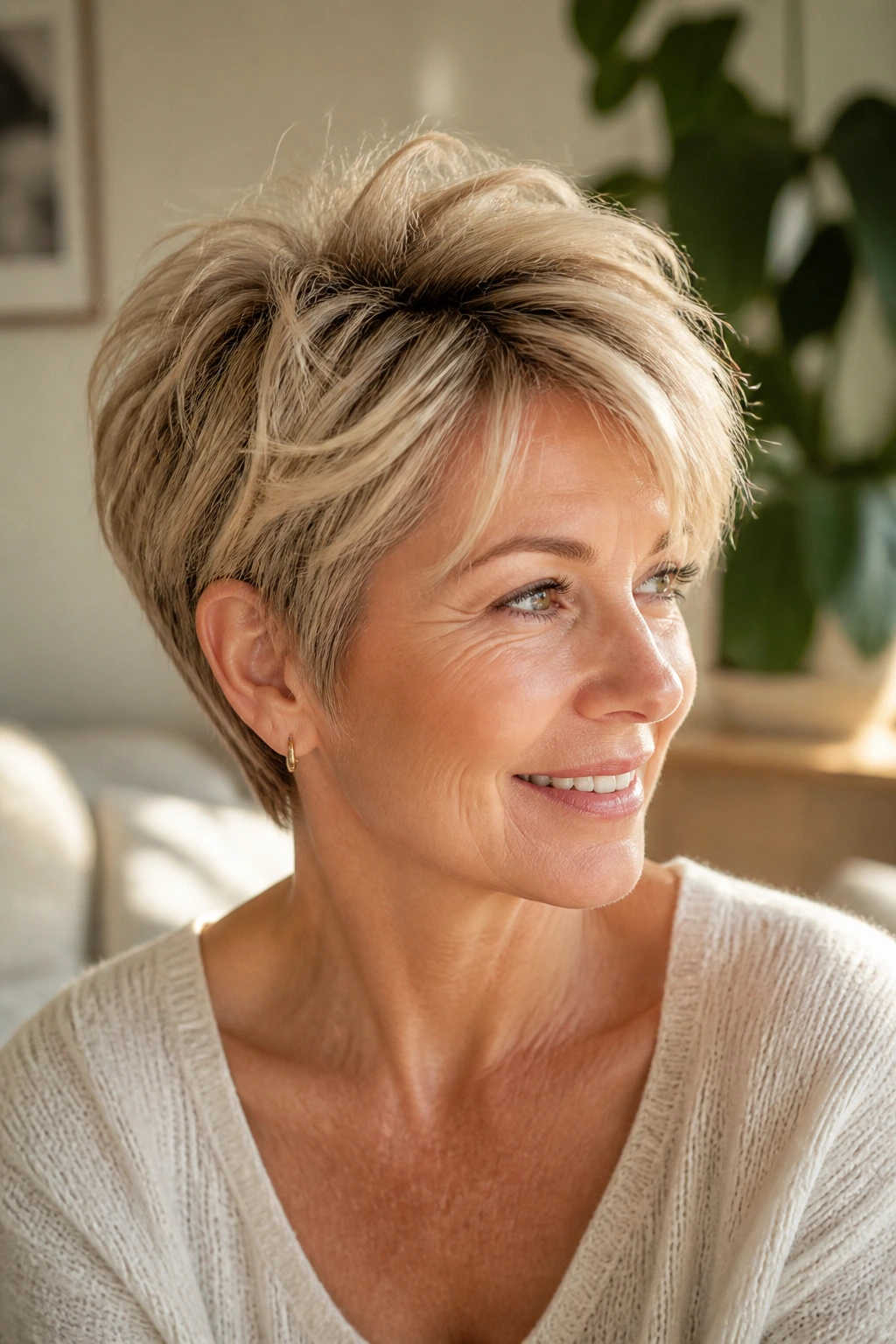 Close-up of a pixie hairstyle with crown-lift layering in sandy blonde.