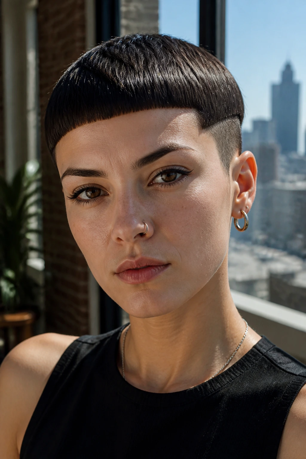 Portrait of a person with a precision geometric short cut in an urban loft