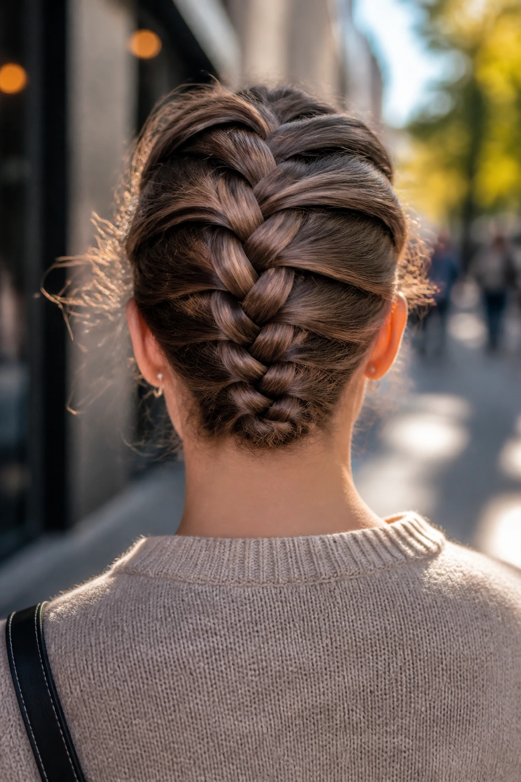 Back-of-head portrait of a real woman with a reverse Dutch braid.