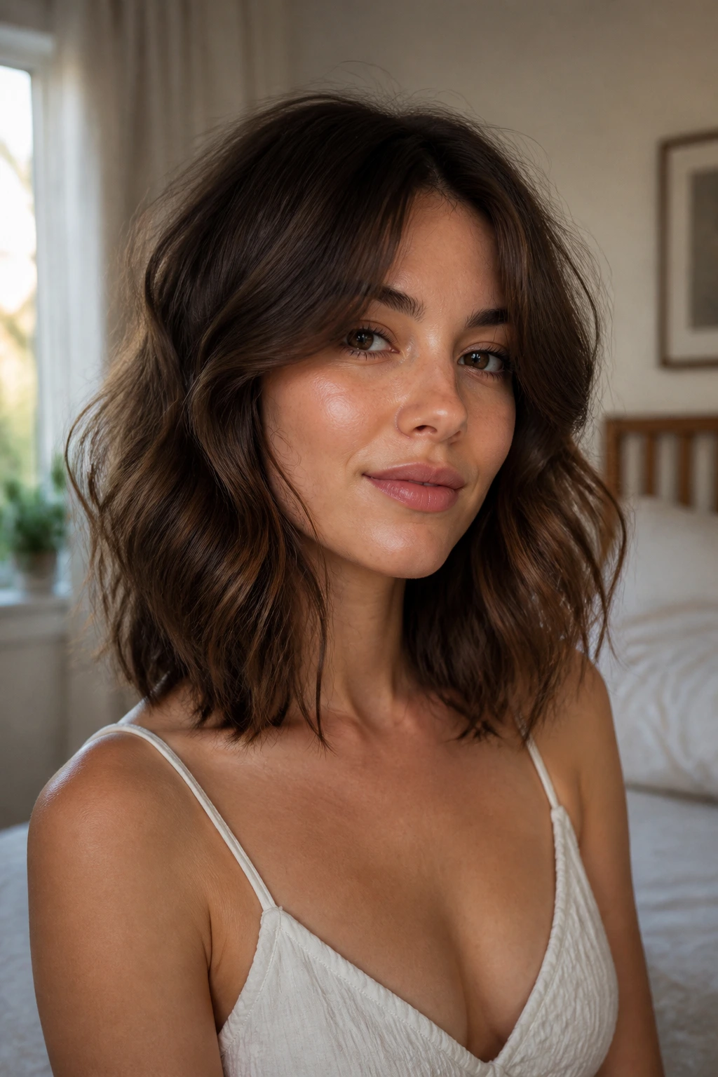 Close-up of a real woman with a collarbone-length romantic wavy bob framing a heart-shaped face
