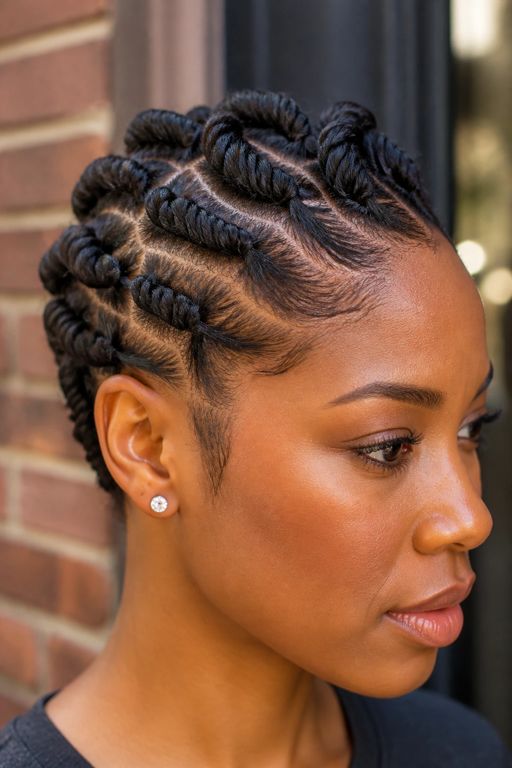 Close-up of real person with rope braid on short hair
