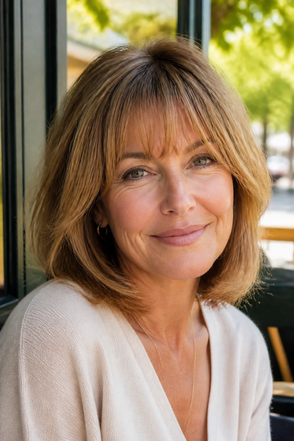 Close-up portrait of a real woman with a rounded lob and feathered bangs in natural daylight.