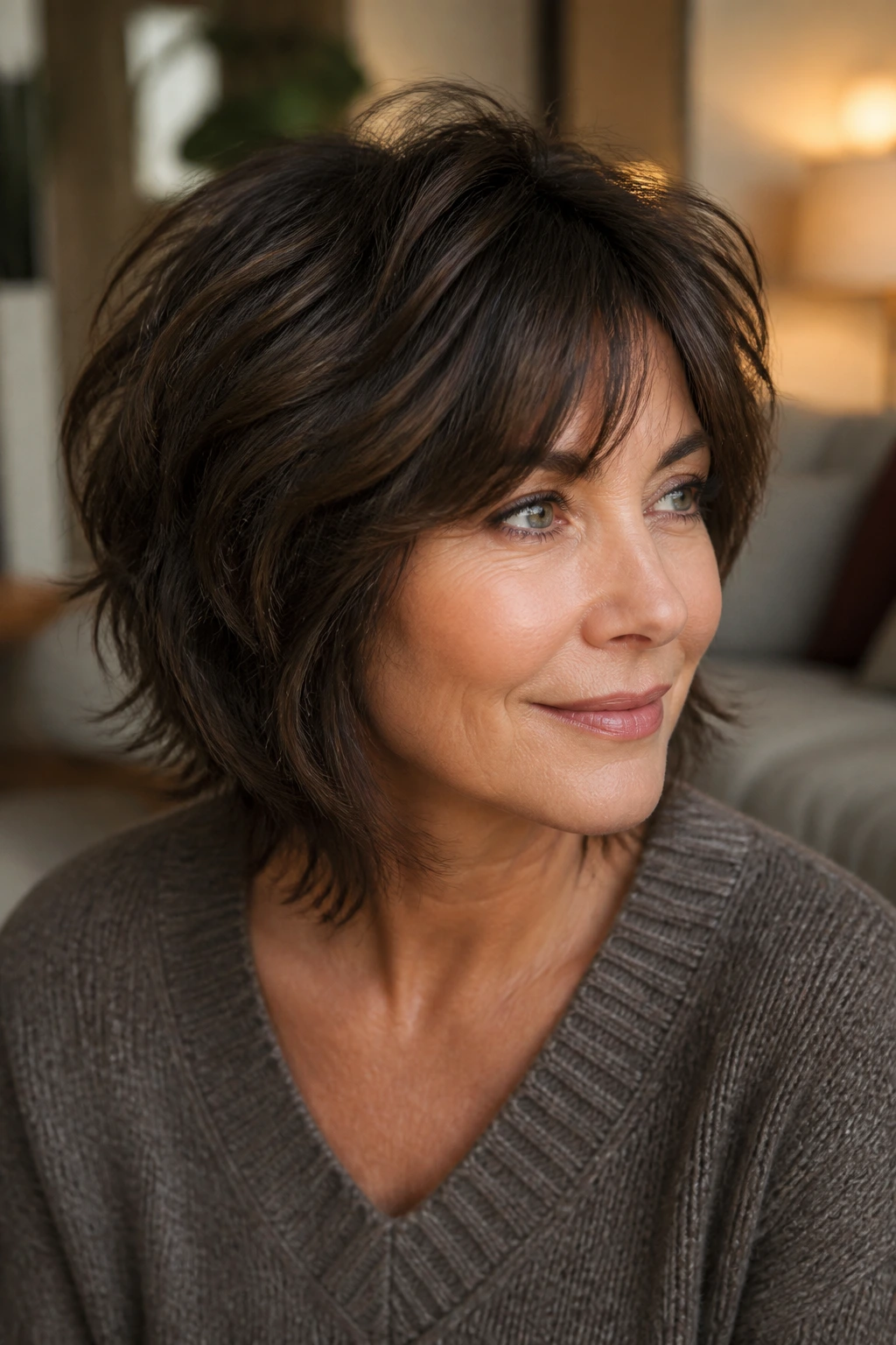 Real woman with modern short shag in smoky brunette.