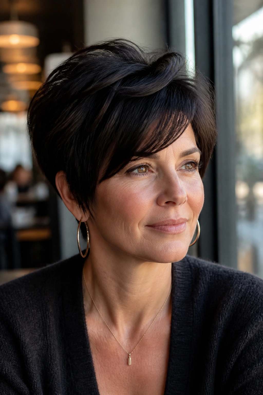 Real woman with short layered crop in coffee black