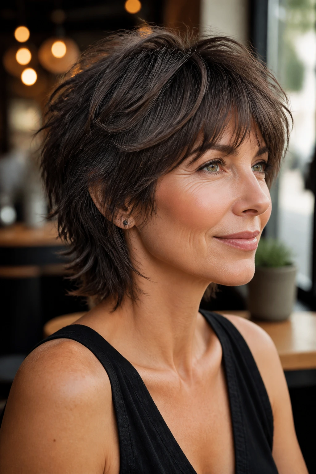 Real woman with a short shag cut in smoky brunette.