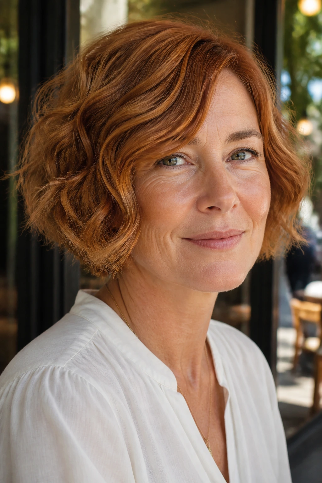 Close-up of a woman with a short wavy bob in soft copper.