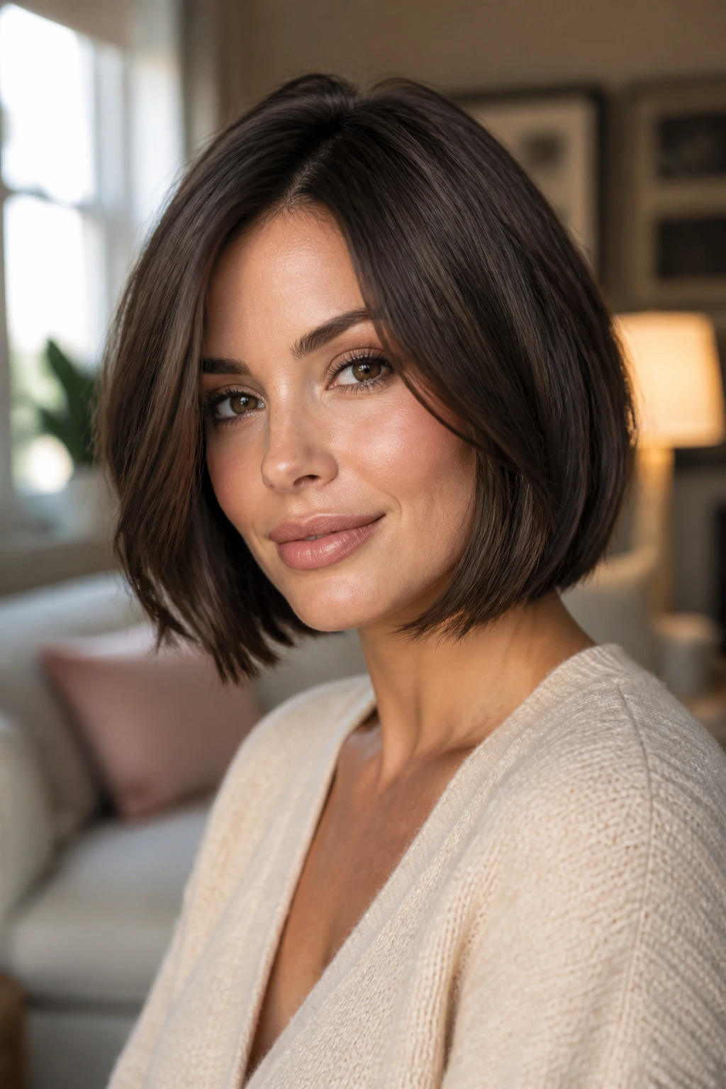 Close-up portrait of a real woman with a shoulder-length bob in soft window light