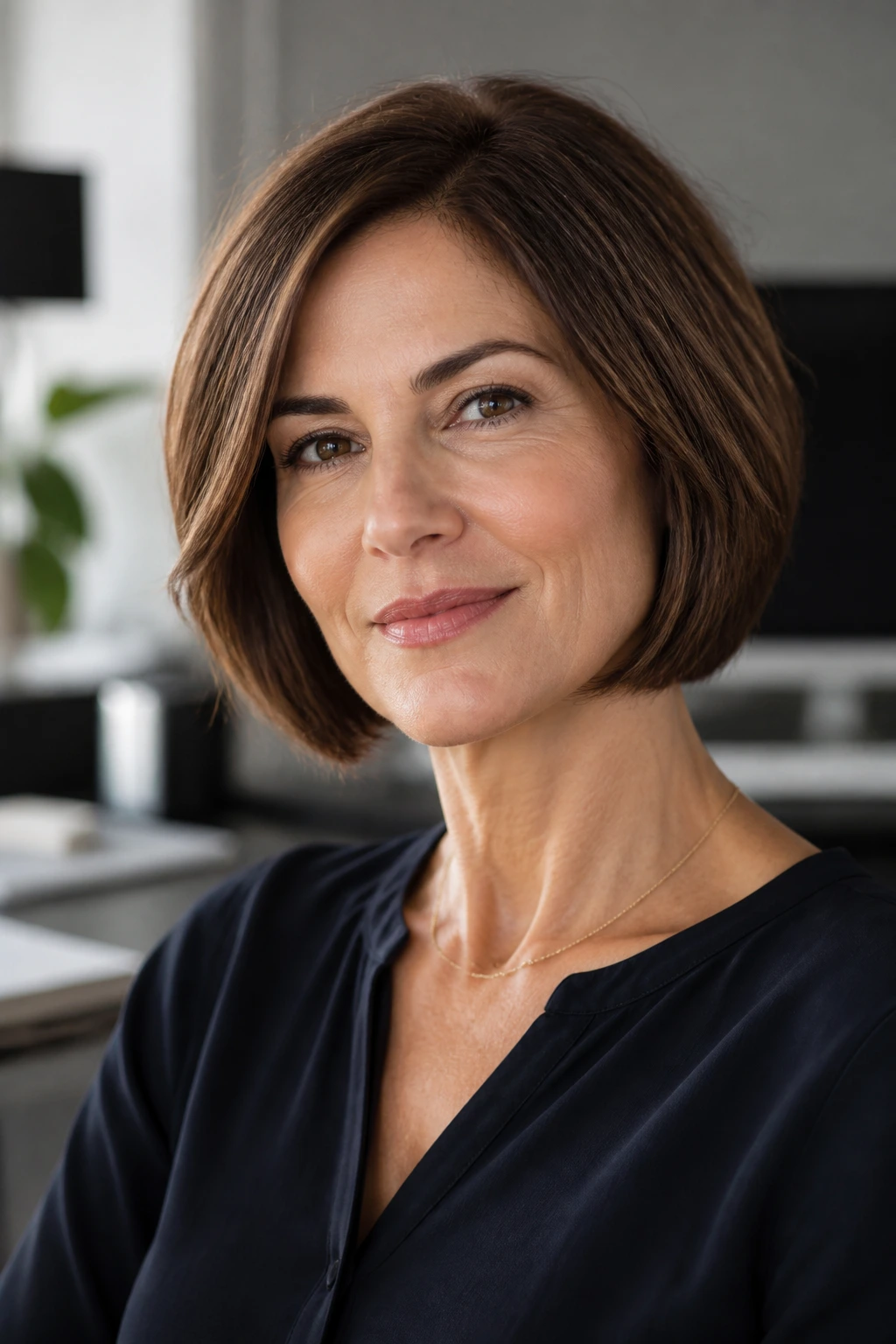 Close-up portrait of a real woman with a simple elegant layered bob.