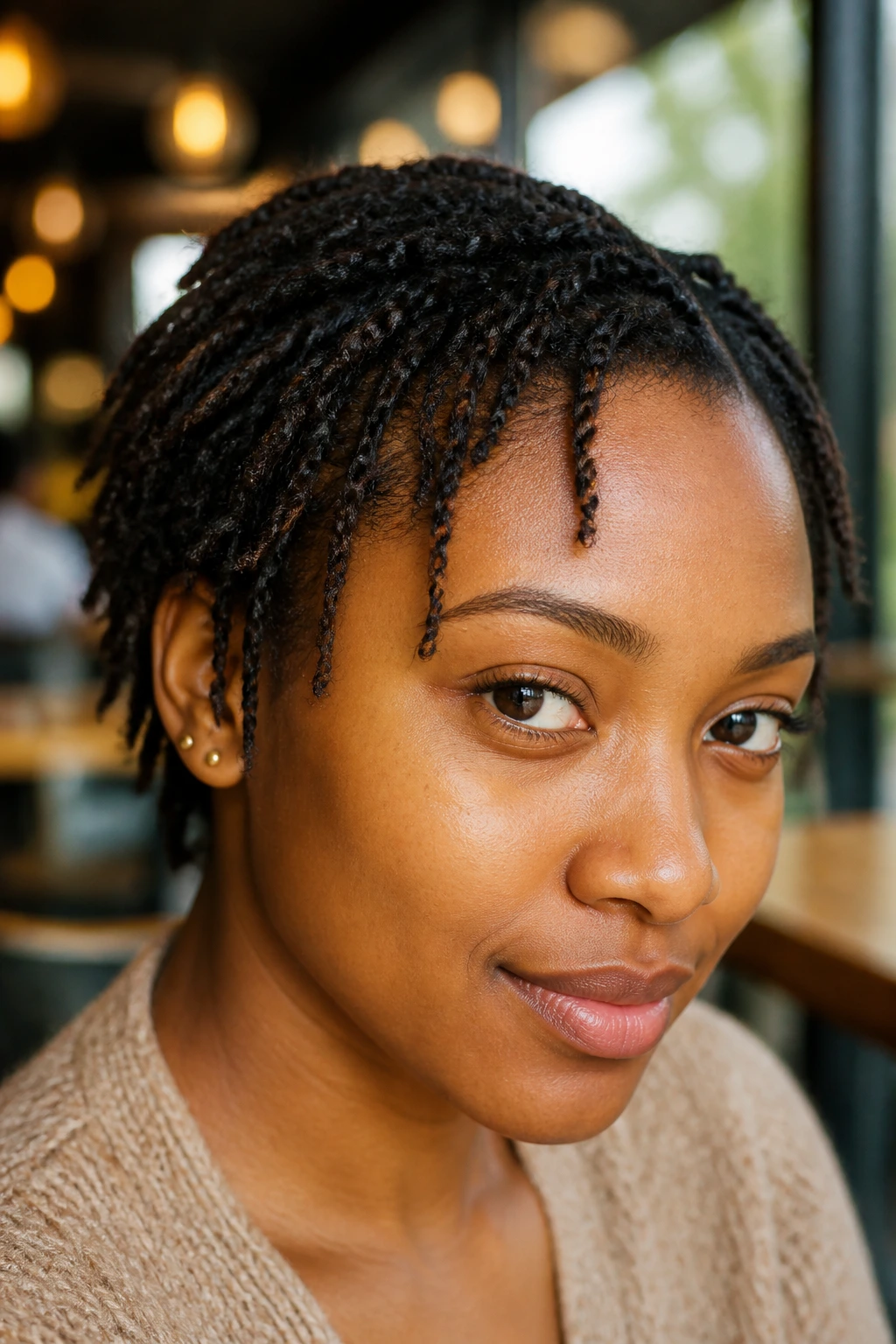 Close-up of real person with single strand twists in short hair