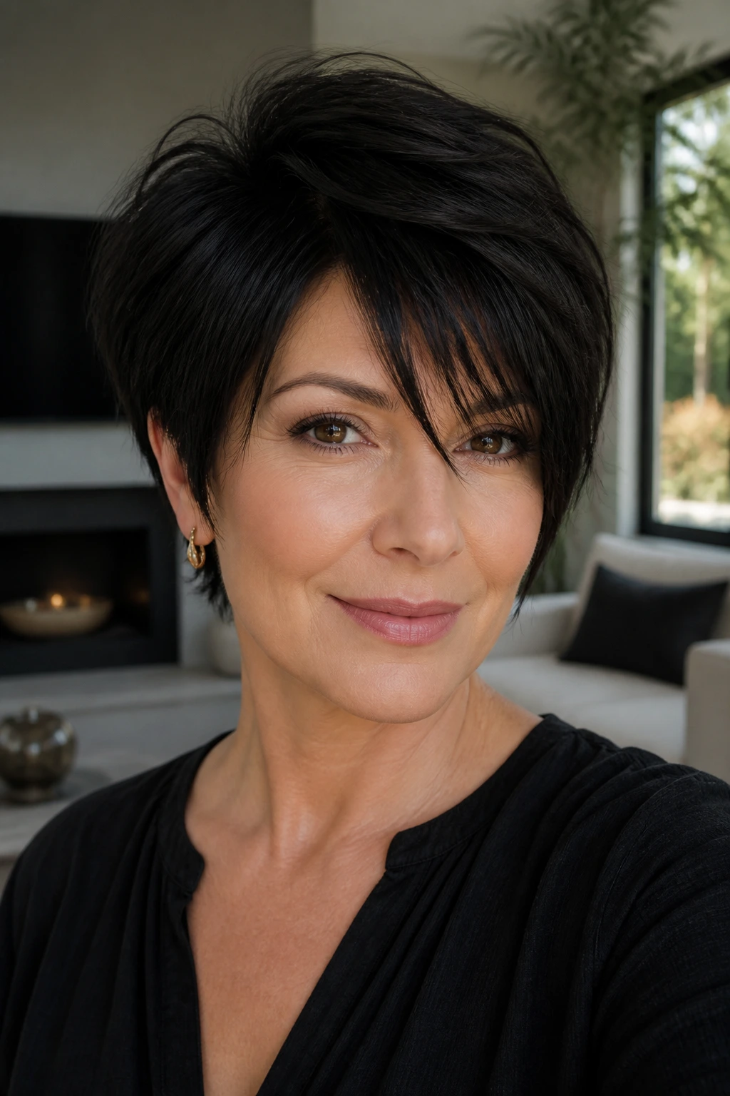 Real woman with sleek layered crop in coffee black