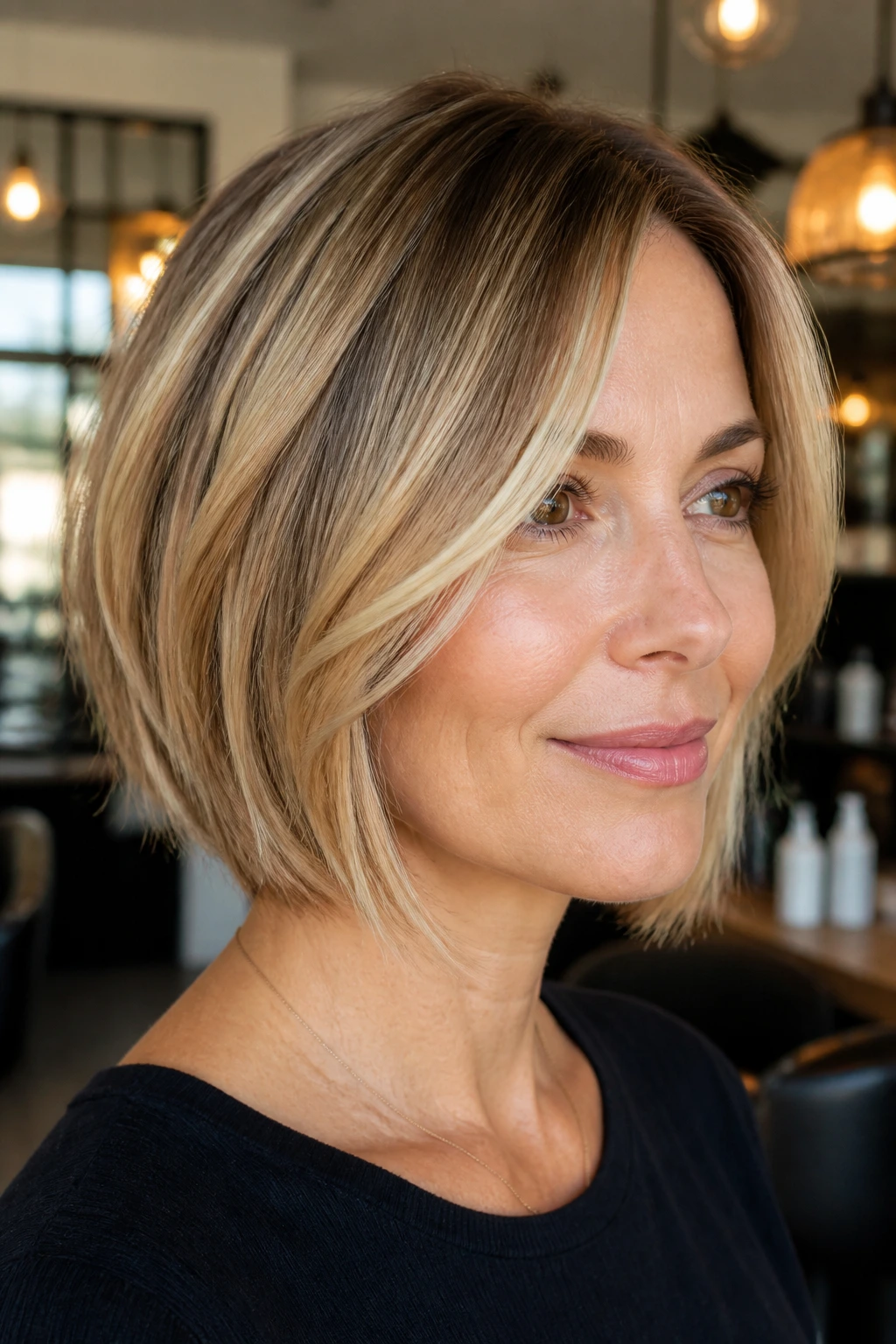 Close-up of a real woman with a sliced bob and soft beige highlights, warm window light.