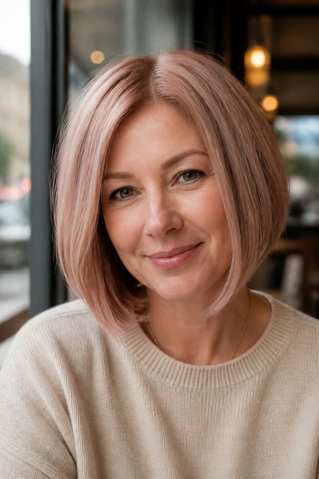 Close-up of a real woman's soft A-line bob with rose gold tint in cafe window light