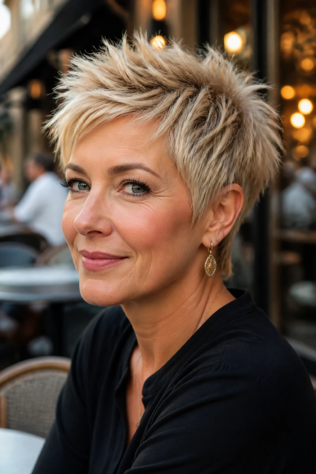 Real woman with soft spiky pixie in champagne blonde.