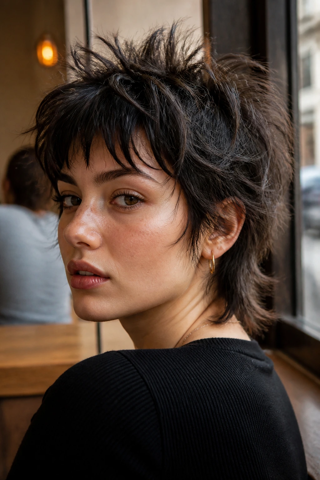 Close-up portrait of a real person with a short, spiky textured shag