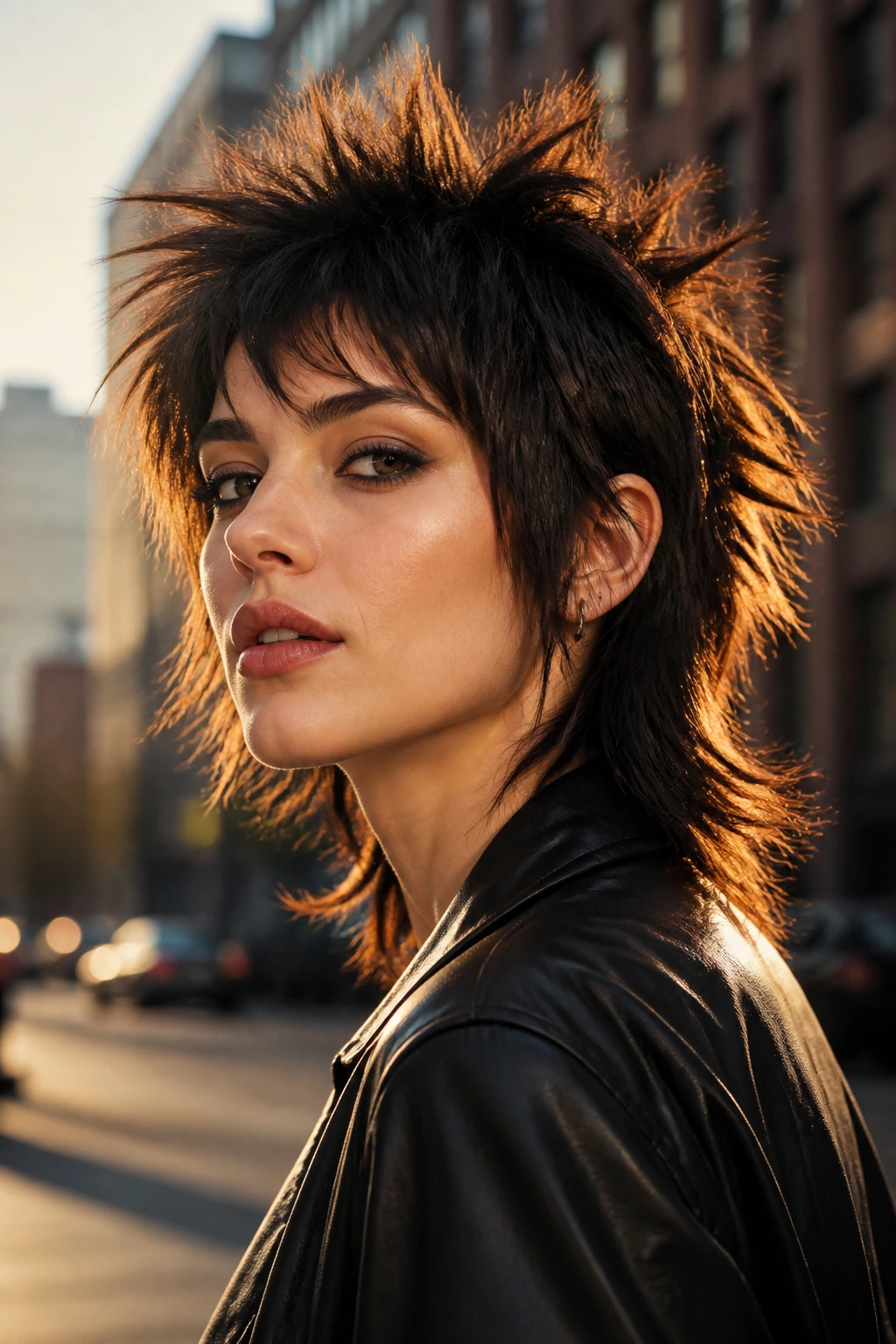 Close-up portrait of a real woman with a bold spiky wolf cut in golden-hour street light.