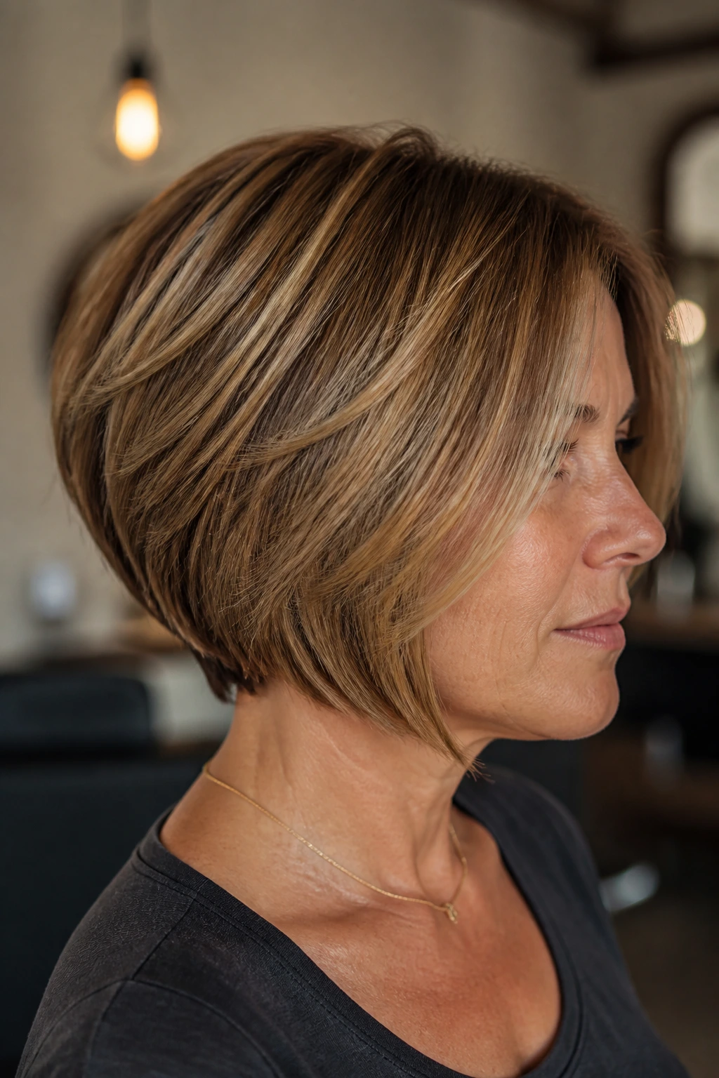 Close-up portrait of a real person with a short stacked bob with lift in the back in a warm salon setting