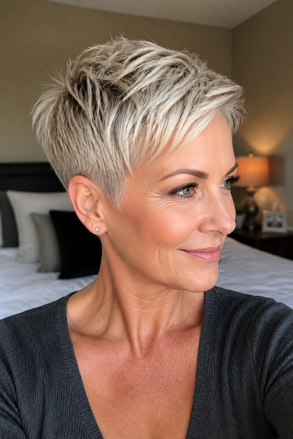 Close-up of a real woman with a tapered pixie and icy blonde highlights.