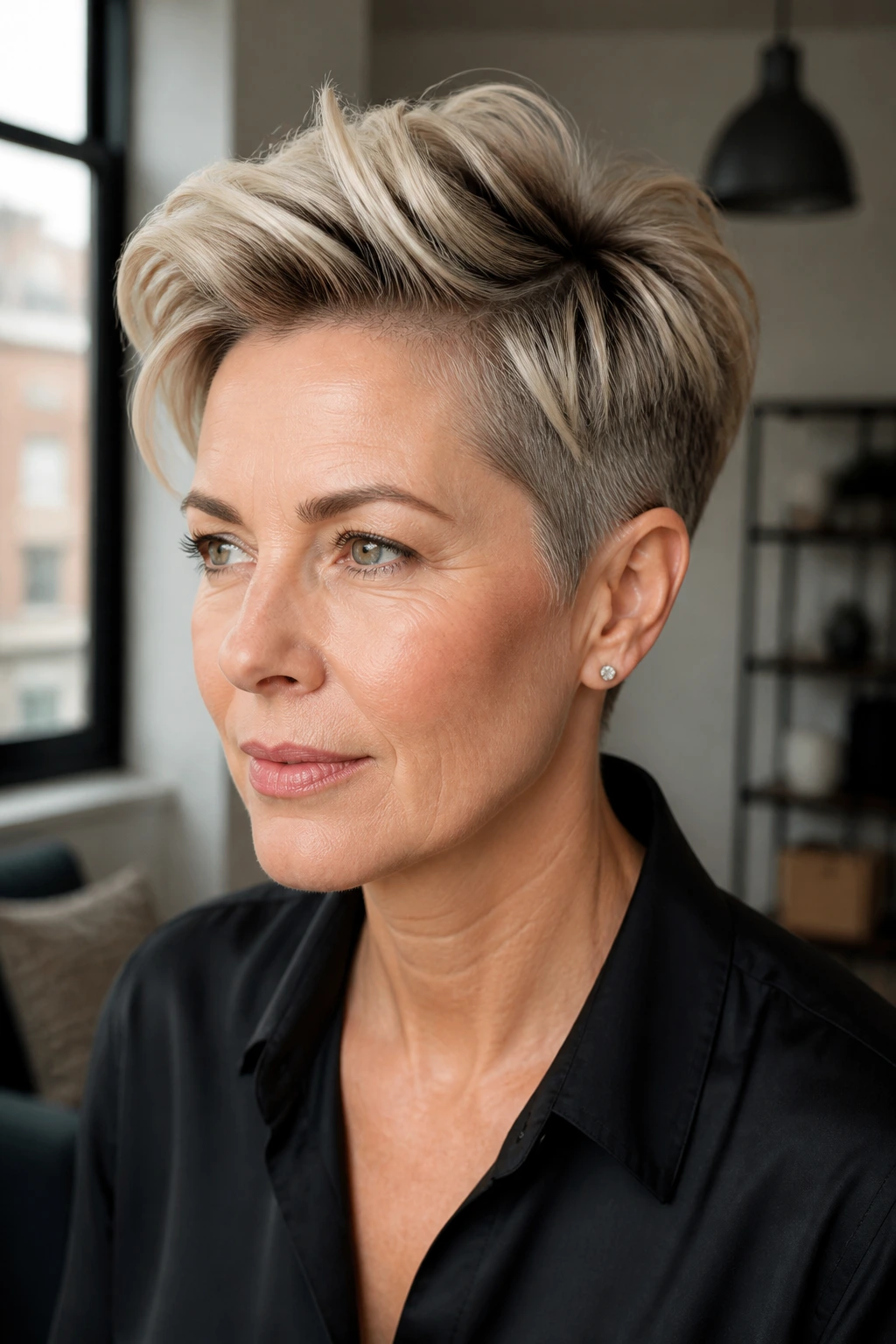 Portrait of a real woman showing tapered sides with a voluminous top and icy blonde highlights.