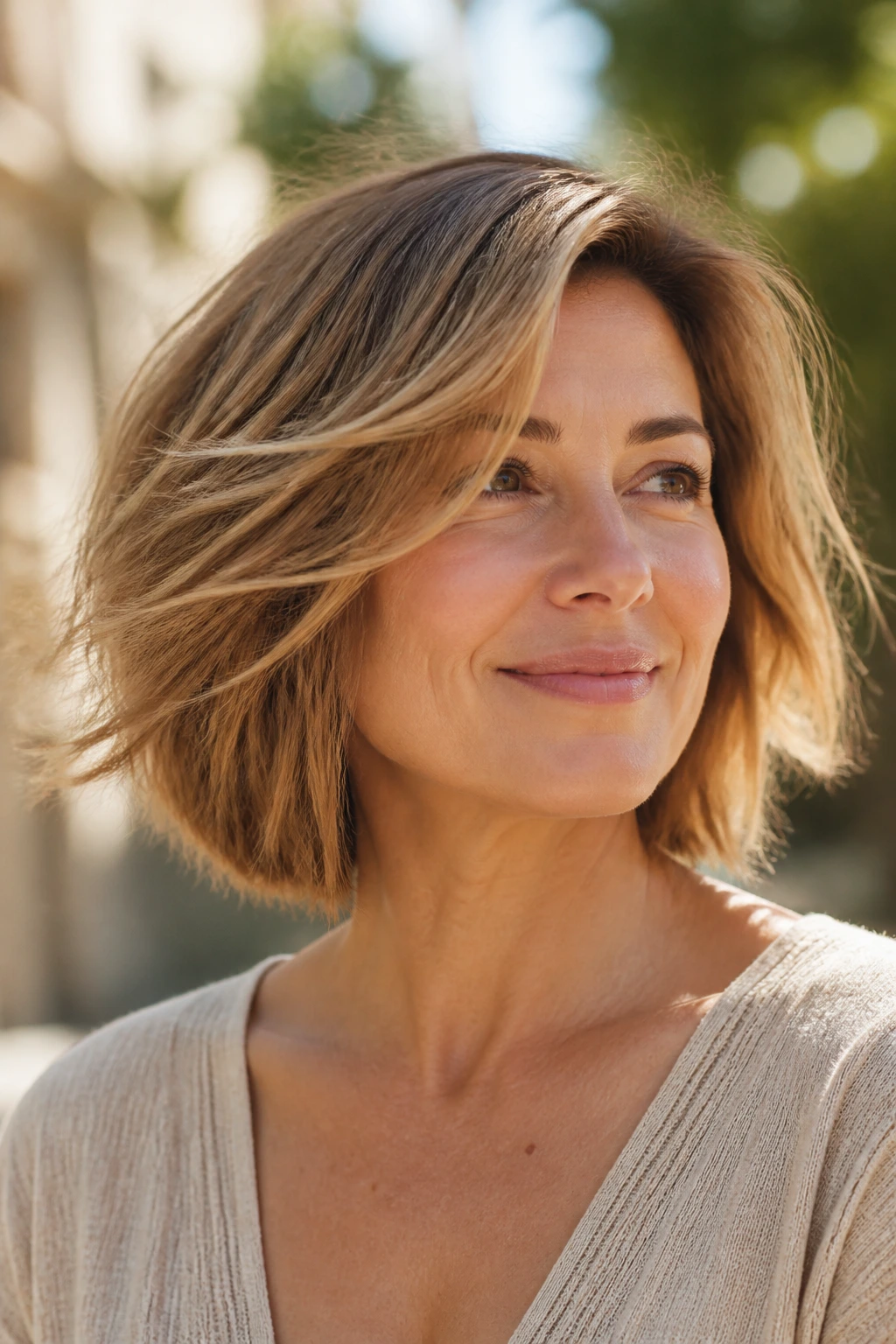 Close-up of a real woman with a sunlit textured bob in warm brown.