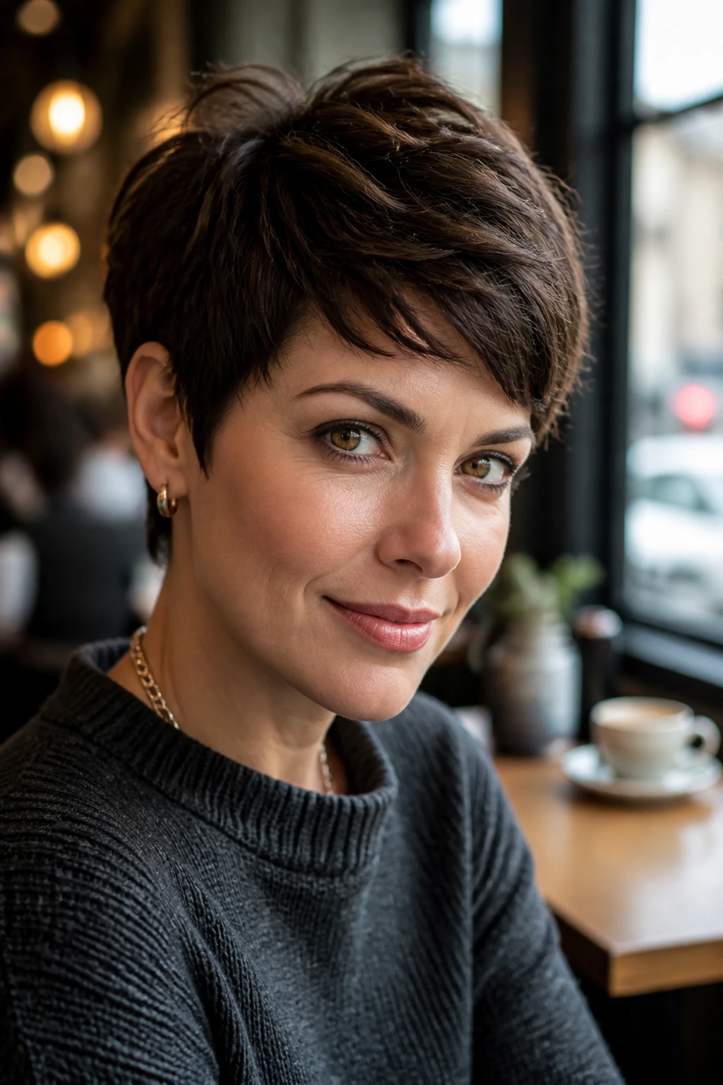 Close-up of brunette pixie with texture in a cafe setting