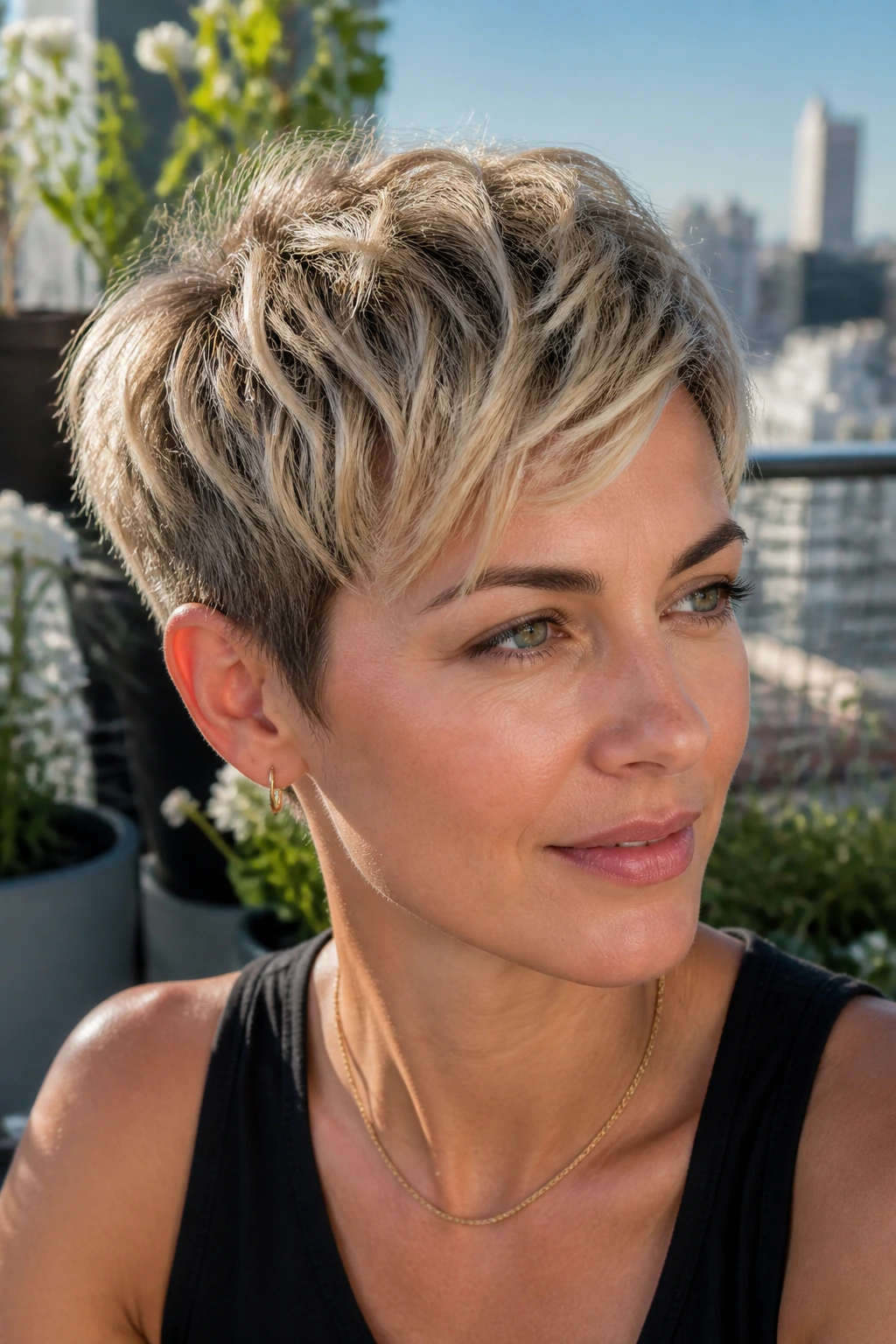 Close-up of a person with a textured crop and blonde balayage highlights