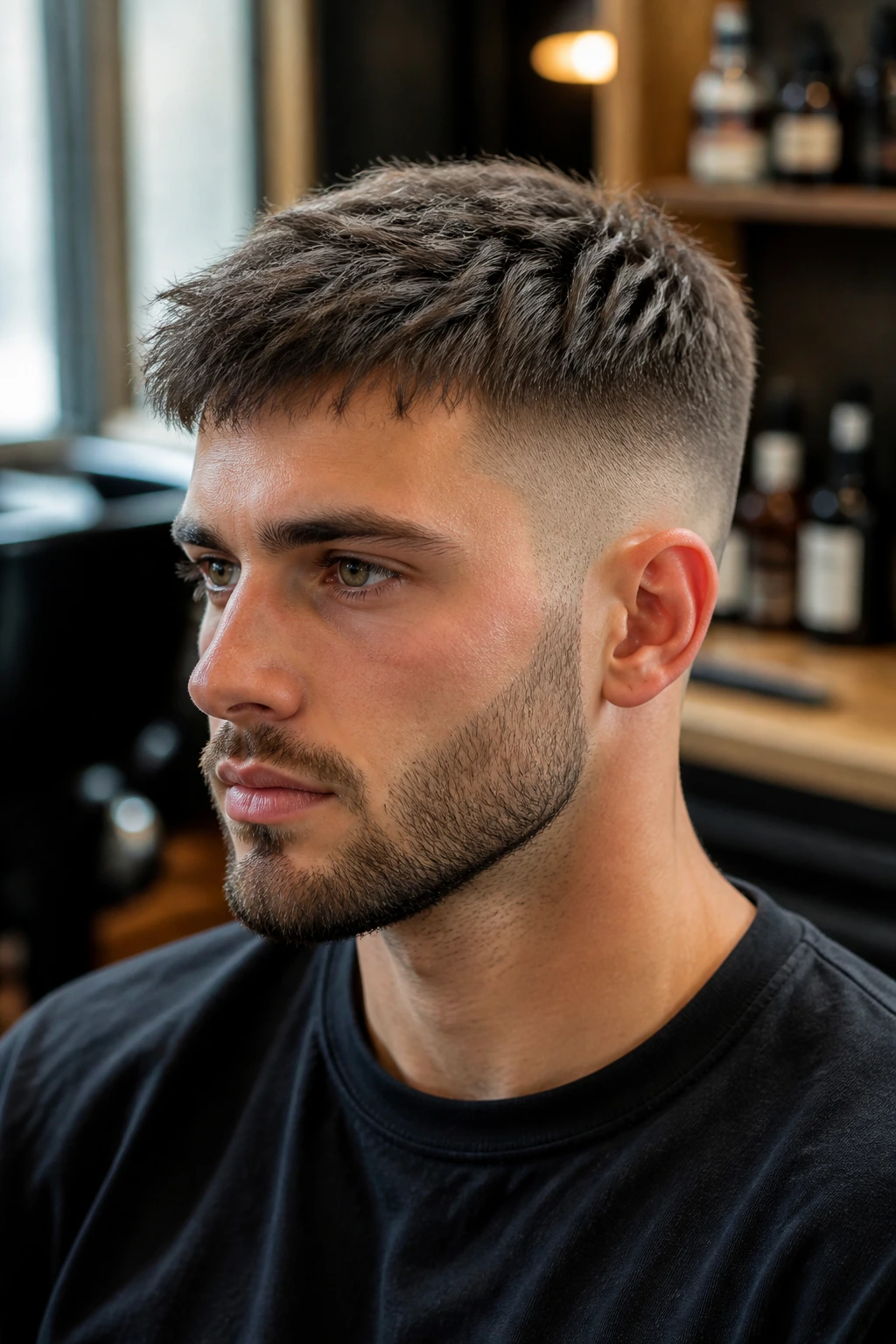 Close-up portrait of a man with a textured crop haircut in a barber shop
