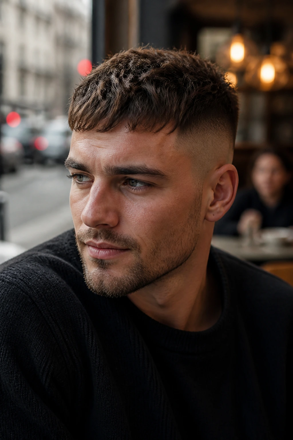 Close-up of a man with a textured crop haircut, short sides, longer textured top, in warm cafe light