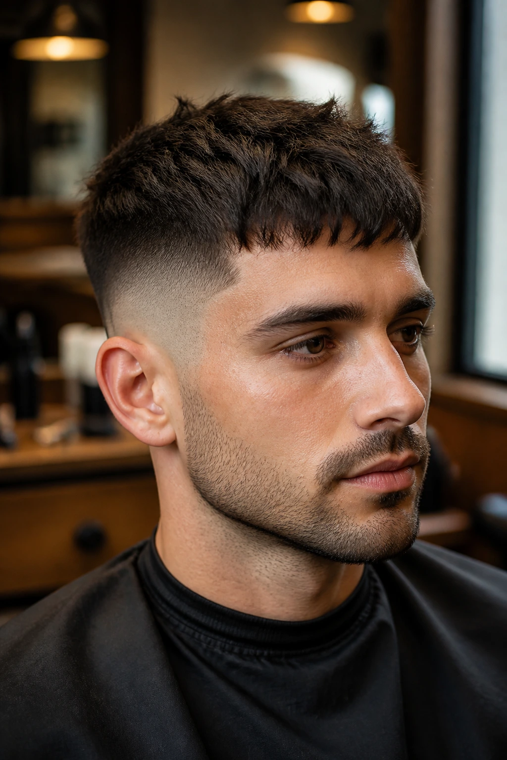 Close-up portrait of a man with a textured crop and faded sides.