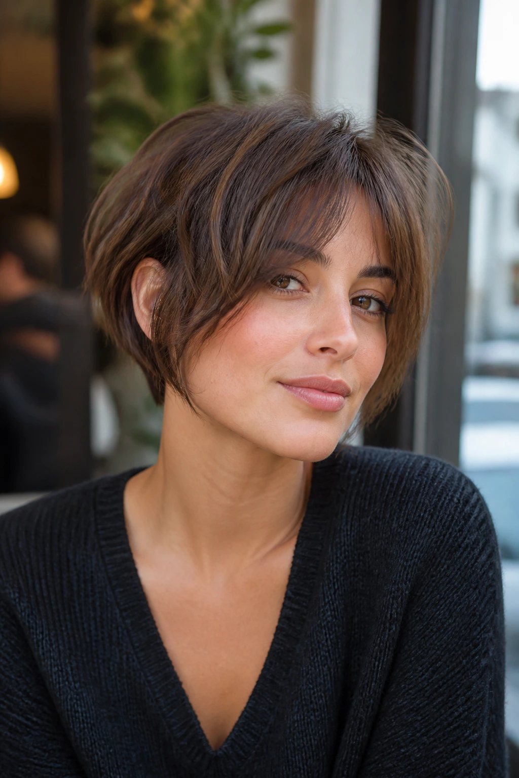 Close-up of a person with textured crop and long bangs softening square jaw, cafe daylight