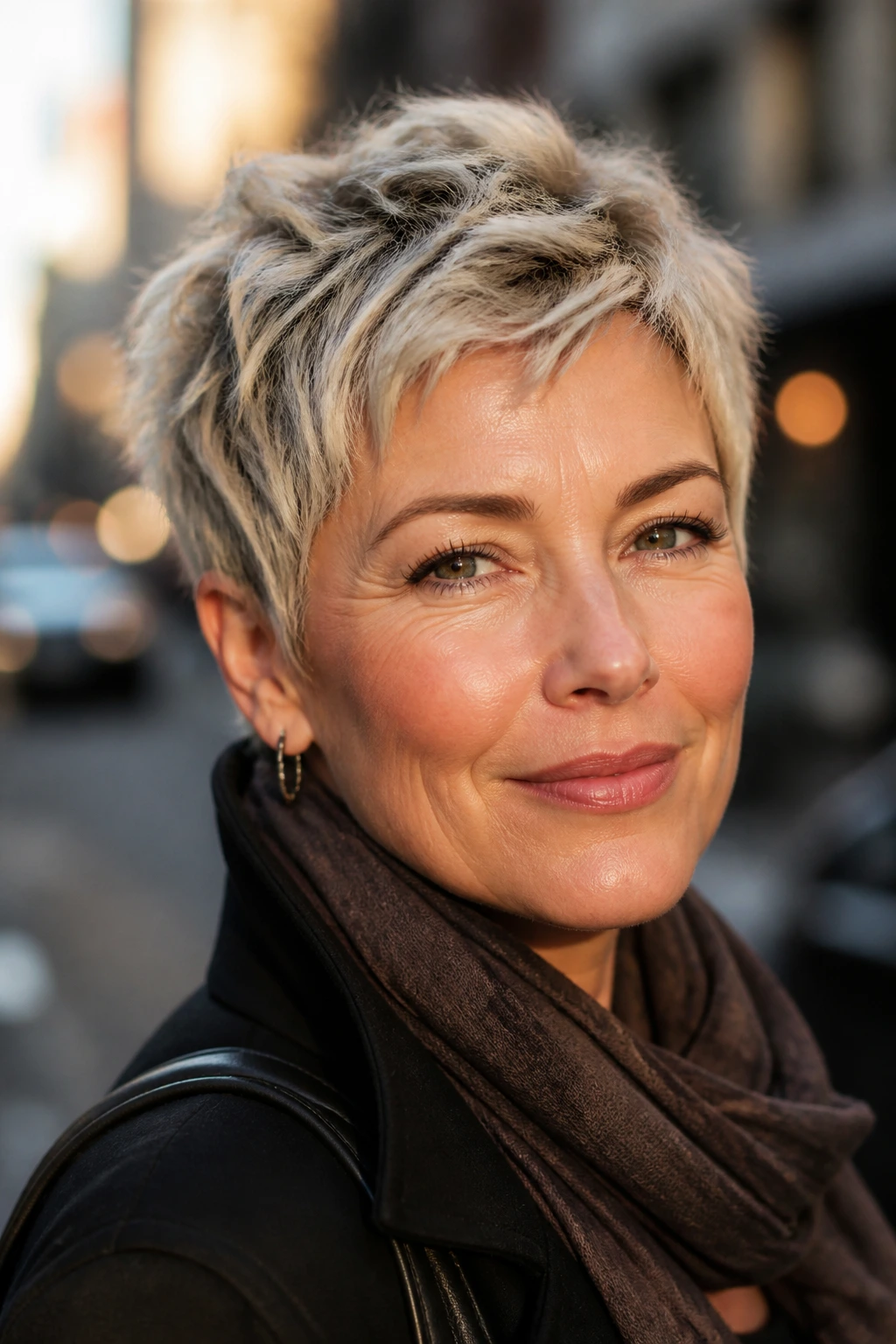 Close-up of a real woman with a short textured crop and choppy layers