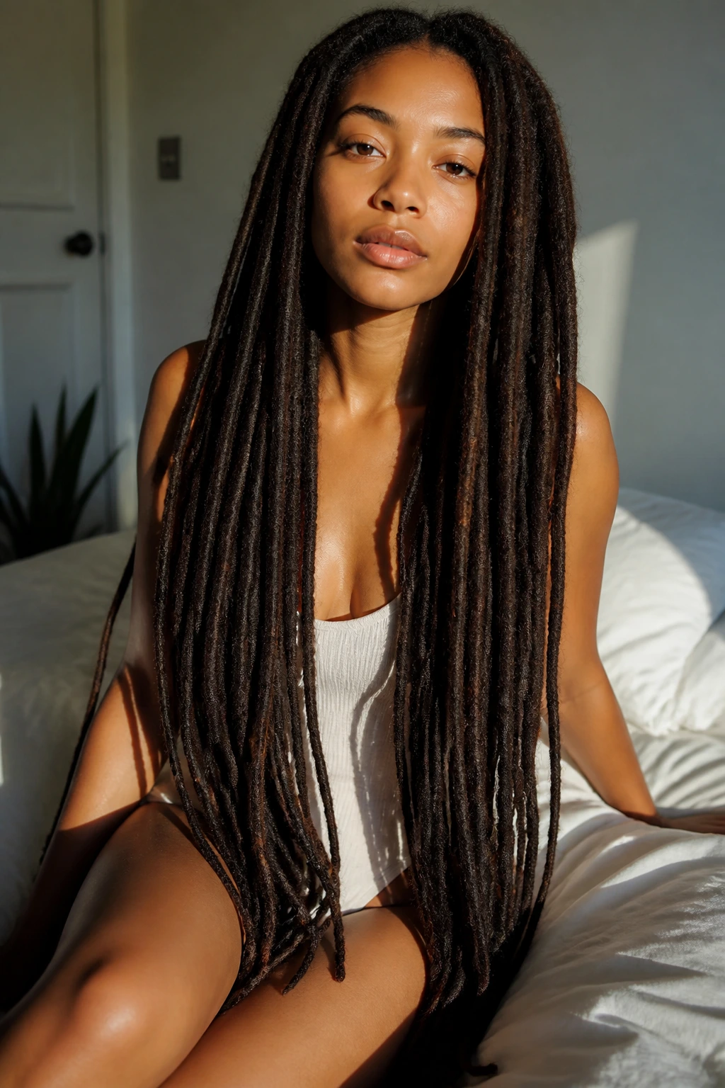 Medium close-up of a woman with thigh-length locs worn loose and natural in a sunlit bedroom