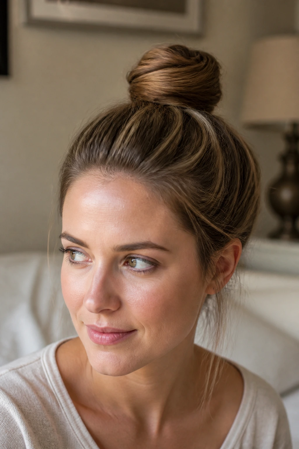 Real person with top knot that sits flat on the crown, showing minimal height.