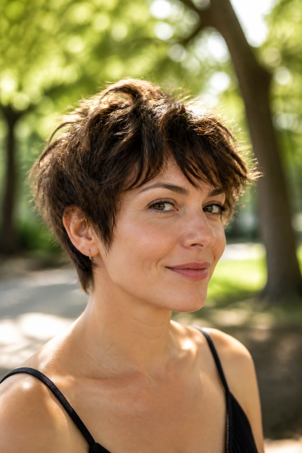 Close-up of a woman with a tousled pixie in an outdoor park setting