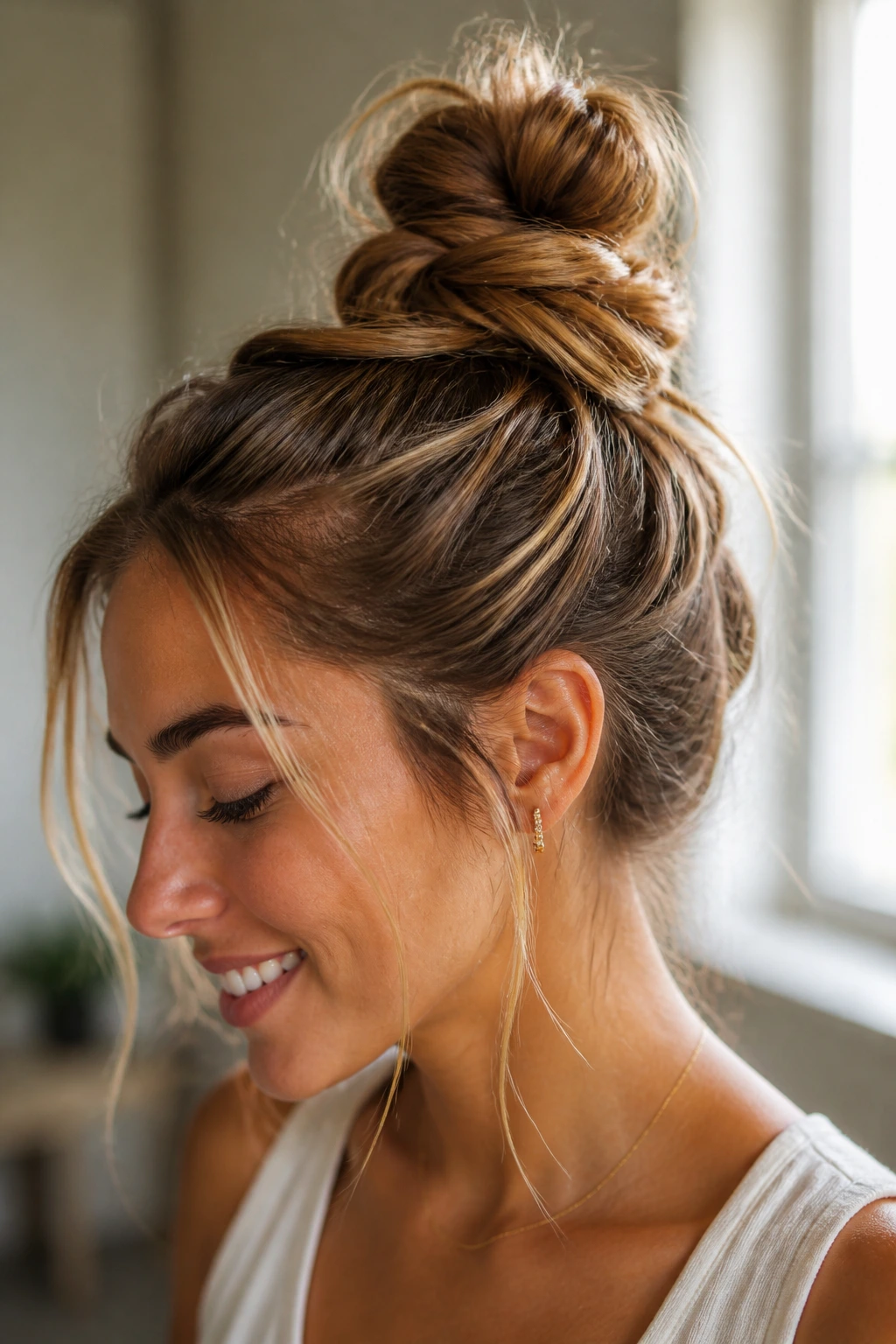 Portrait of a real person with a multi-twist top knot in soft window light.