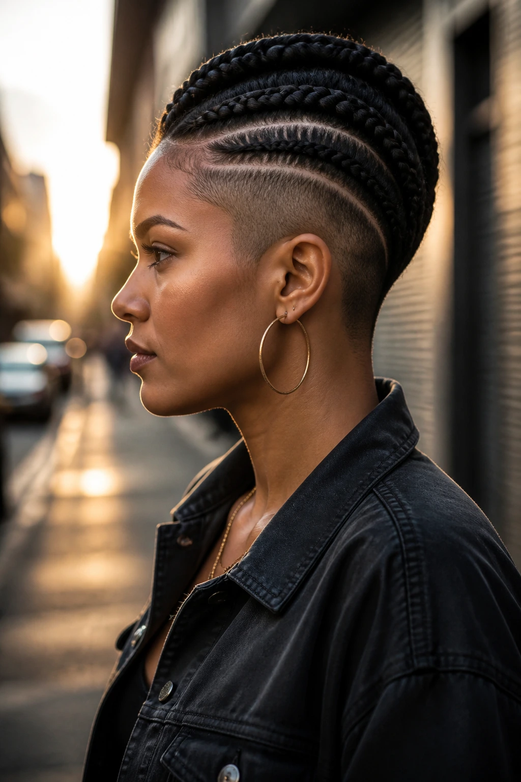 Side-profile of a real woman with an undercut and braids on top.