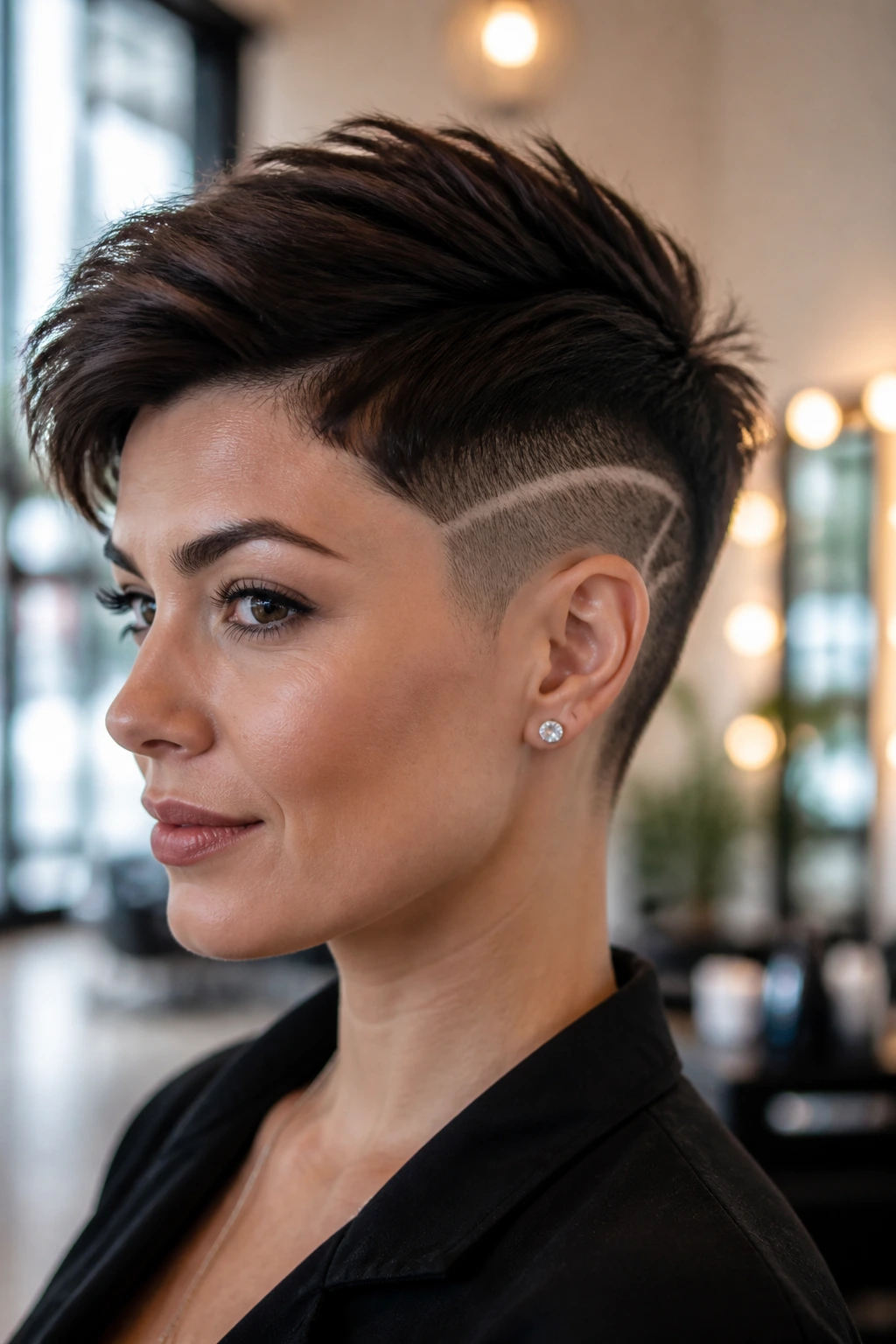 Close-up portrait of a real woman showing a shaved undercut design in a pixie cut in a salon