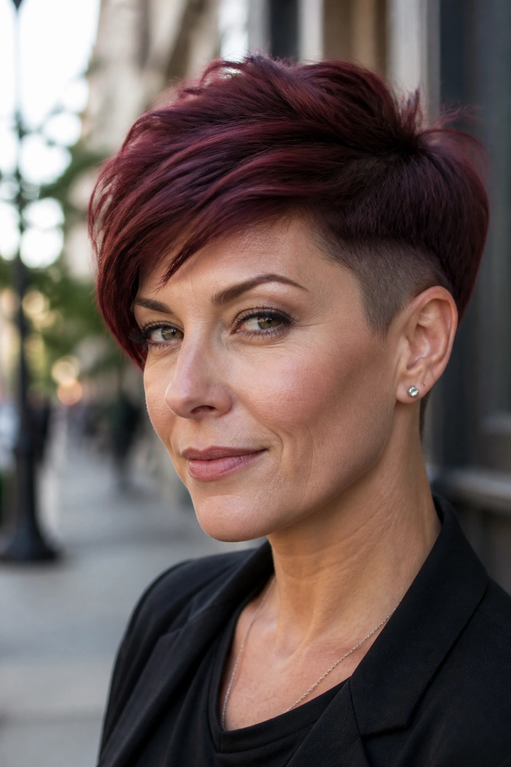 Close-up of a real woman with an undercut pixie in deep mahogany